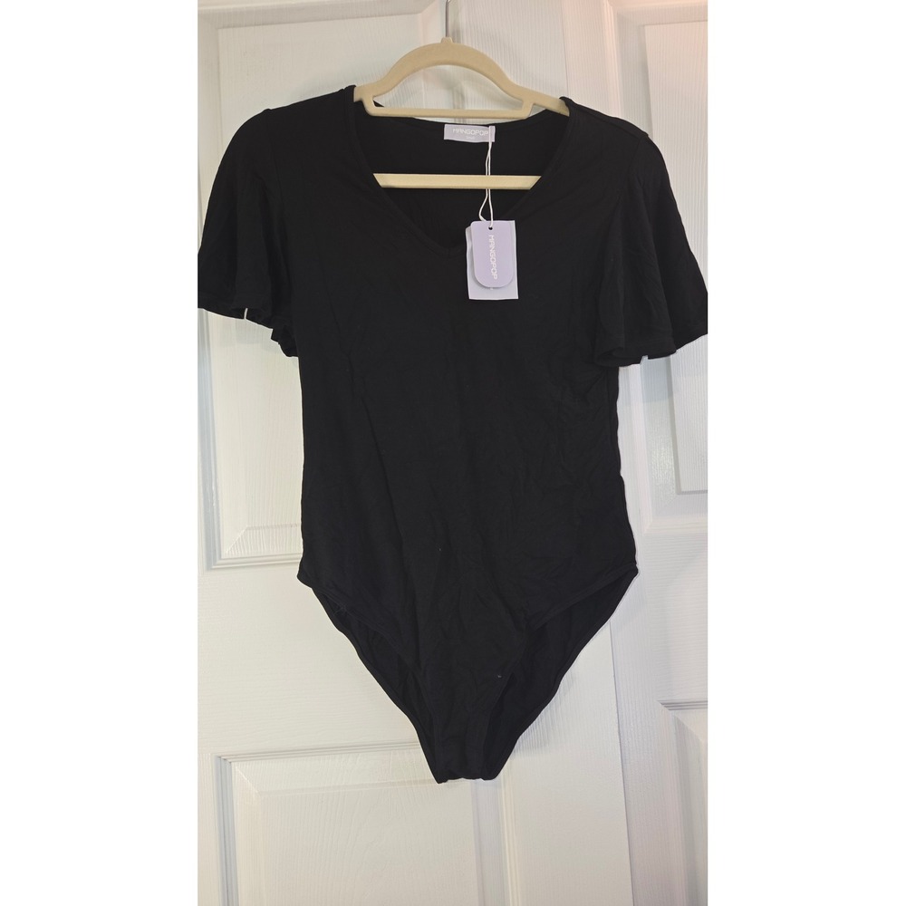 MangoPop Black V-Neck Flutter Sleeve Bodice Top Small NWT